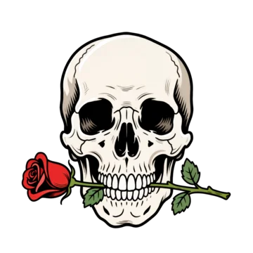 Halloween skull with rose between teeth gothic vibe on transparent background