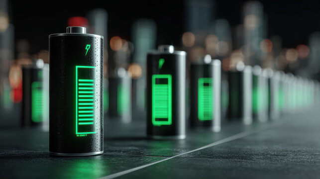 Modern Battery Technology Concept: Close-Up of Sleek Black Batteries with Glowing Green Charge Indicators, Representing Energy, Power, and Sustainable Innovation in a Futuristic Setting