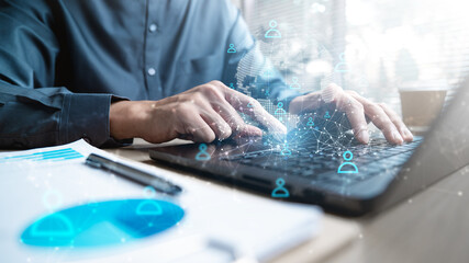 Crm, Customer relationship management system software. Global business concept. Sales and marketing analysis technology. Digital marketing data report dashboard.