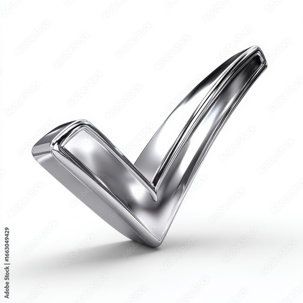Poster shiny chrome check mark symbol 3d render approval success