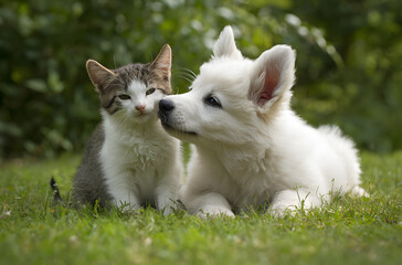 Fototapeta premium Kitten kissing White Swiss Shepherd`s puppy on green grass