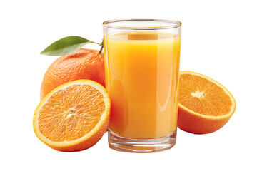 Freshly squeezed orange juice served with ripe oranges and slices for a refreshing beverage isolated on transparent background
