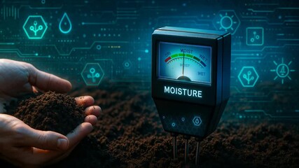 Soil moisture sensor measuring ground hydration with farmer hands holding earth and digital smart agriculture technology interface - Powered by Adobe