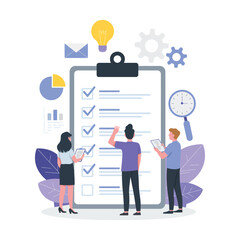 Teamwork and productivity concept illustration with people interacting around a checklist, planning tasks and managing workflow efficiently