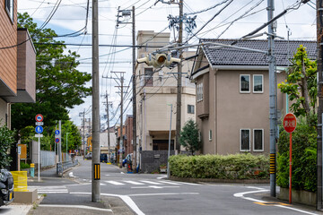 Traffic light at a suburban intersection in a Japanese neighborhood, with residential houses,...