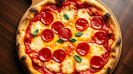 Freshly baked pepperoni pizza with gooey cheese, captured from above in warm inviting light.