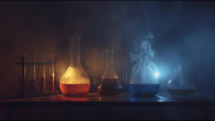 Colorful Chemical Reactions in a Dimly Lit Laboratory During a Science Experiment Showcasing Vibrant Liquids and Smoke Effects - Powered by Adobe