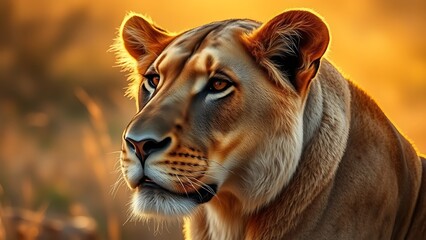 Fototapeta premium Intense Lioness Portrait with Detailed Fur on Golden Savanna