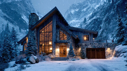 Luxury Mountain Home in Winter Snowfall: Exterior View of a Modern Rustic Cabin with Stone and Wood Facade, Warm Interior Lights, and Snowy Mountain Backdrop, Perfect for Holiday Getaways