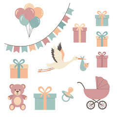 A whimsical baby shower illustration with a flying stork delivering a baby, surrounded by gifts, balloons, a festive banner, a cute teddy bear, a pacifier, and a baby stroller.