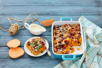 sweet potato casserole with bacon, cheese, onion