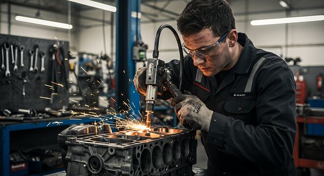 Automotive Mechanic Repairing Engine with Grinder