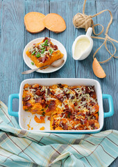 sweet potato casserole with bacon, cheese, onion