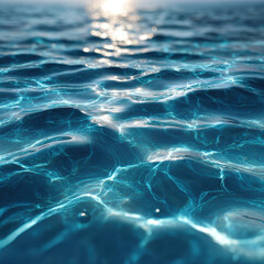 Obraz premium Abstract Water Surface with Sunlight Reflections, Close-up View of Blue Ocean Waves with Light Caustics, Sparkling Water Texture, Serene and Peaceful Seascape Background, Summer Vacation Vibes