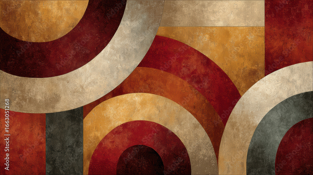 Poster abstract geometric art with circles and rectangles in earthy tones, featuring a textured surface and