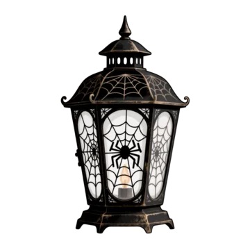 Spooky gothic lantern decorated with spider web motif on transparent background