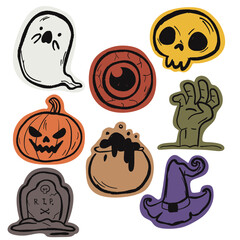 fun and spooky Halloween clipart collection featuring a ghost, pumpkin, skull, eyeball, zombie hand, witch hat, cauldron, and tombstone. stickers High-quality PNG with transparent background