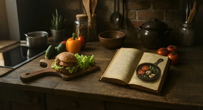 Rustic Home Kitchen with Freshly Made Burger and Colorful Ingredients.
