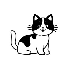 Cute black and white cartoon cat sitting happily with a playful expression in a simplistic style