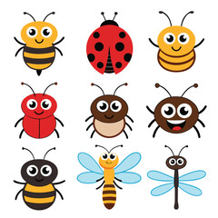 Obraz premium Adorable Cartoon Insects: Happy Bees, Ladybugs, and Dragonflies; Bright, Cheerful Vector Illustration; Perfect for Children's Products.