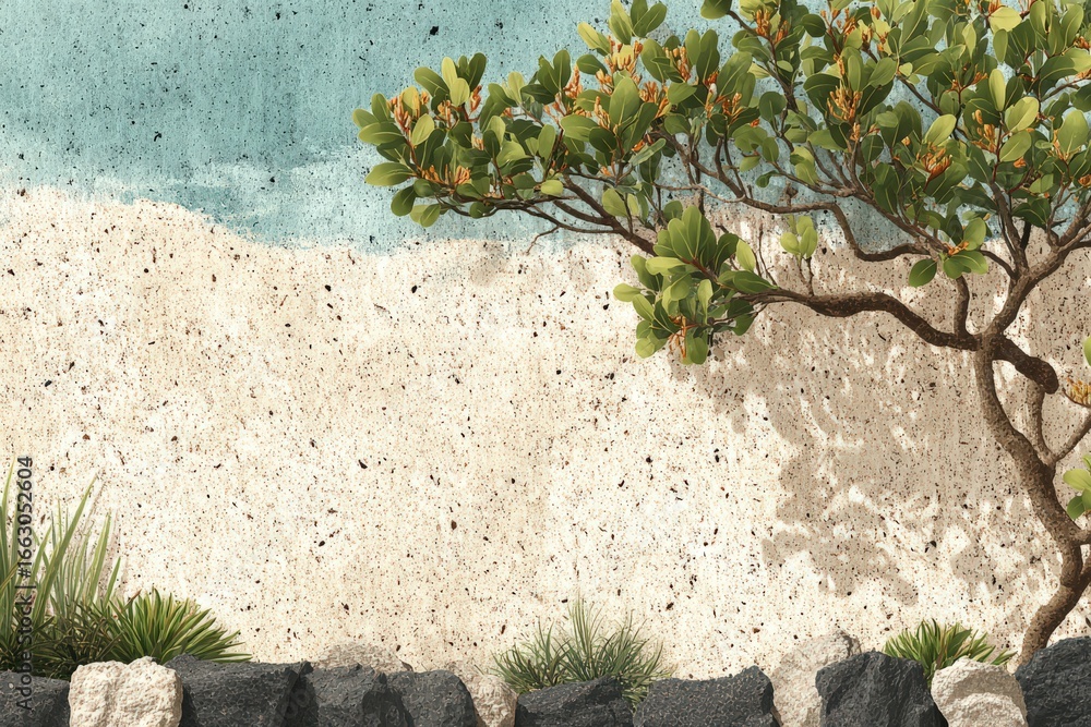 Poster serene coastal scene featuring organic textures with lush greenery and subtle shade variations creat