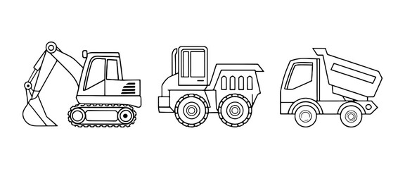 Construction vehicles including excavator, dumper truck, and loader at a building site during daylight