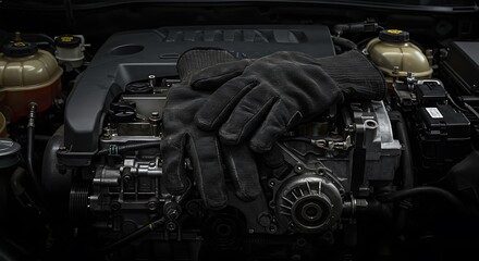 Automotive Repair: Gloves on Engine Block