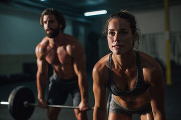 Fototapeta premium Focused young athletic man and woman lifting weights together in a dimly lit gym during intense workout session
