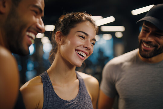 Happy young adults smiling and enjoying a moment together in a modern gym environment
