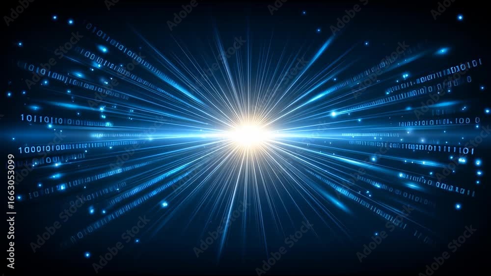 Poster digital data explosion with bright blue light rays and binary code streaming, showcasing futuristic 