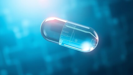 Futuristic translucent capsule floating against a blue medical backdrop with light refraction.