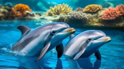 Obraz premium A close-up underwater photograph of two Bottlenose dolphins swimming side by side against a vibrant coral reef backdrop