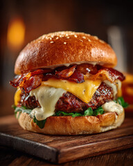 Delicious Gourmet Burger with Crispy Bacon, Melted Cheese, Fresh Greens, and Creamy Sauce on a Toasted Sesame Seed Bun, Served on a Rustic Wooden Board for a Mouthwatering