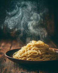 Steaming Hot Spaghetti on Rustic Wooden Table, Close-Up of Freshly Cooked Pasta with Rising Vapor, Delicious Italian Cuisine, Warm and Inviting Food Photography, Perfect for Recipe Blogs