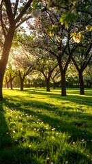 Sunlight streams through blossoming trees in a park