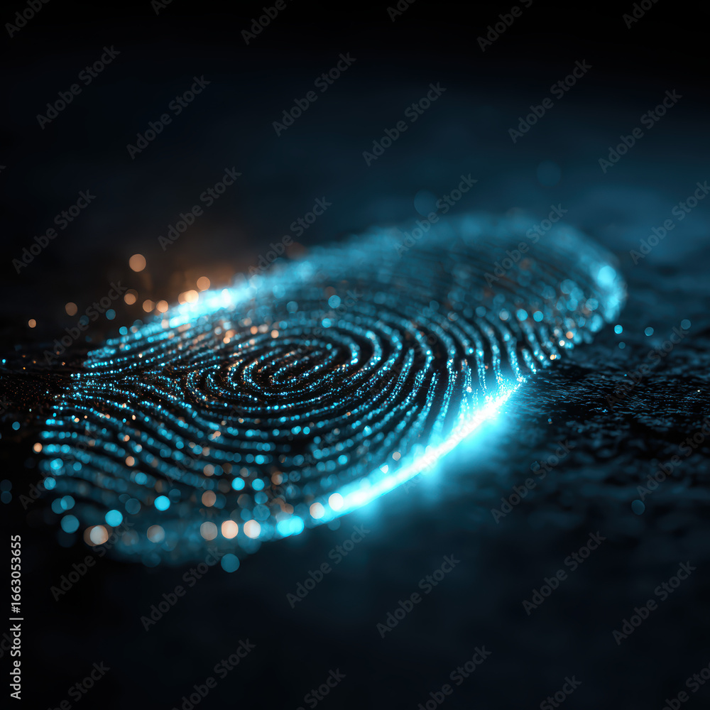 Aufkleber futuristic fingerprint scan with glowing blue particles on dark background, biometric identification