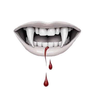 Vampire fangs dripping fresh blood isolated on transparent background