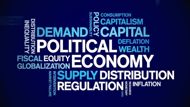 Political Economy animated word cloud-text design animation tag kinetic typography seamless loop.