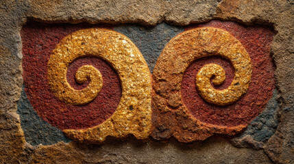 Ancient Stone Carving with Spiral Motifs, Textured Rock Art in Gold and Red, Archaeological Detail of Ornate Cultural Heritage, Close-up of Weathered Stone Relief with Intricate Swirls