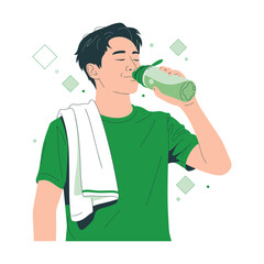 Illustration of person drinking water with towel over shoulder, symbolizing hydration, wellness, and post-exercise recovery
