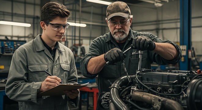 Automotive Mentorship: Skilled Mechanic Guiding Apprentice