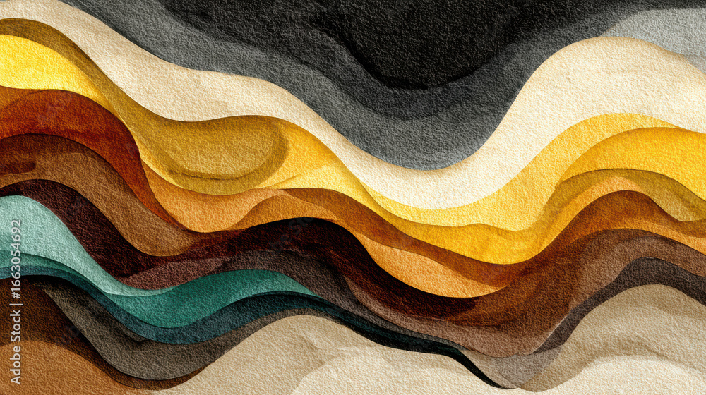 Poster abstract watercolor waves background in earth tones, featuring layered paper cut shapes with a textu