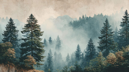 Misty Forest Landscape with Evergreen Trees and Distant Mountains, Atmospheric Nature Scene with Fog and Soft Light, Tranquil Woodland Scenery, Watercolor Style Illustration, Serene