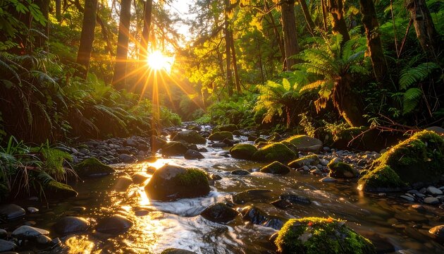 Sunlight streams through lush forest, illuminating a babbling brook