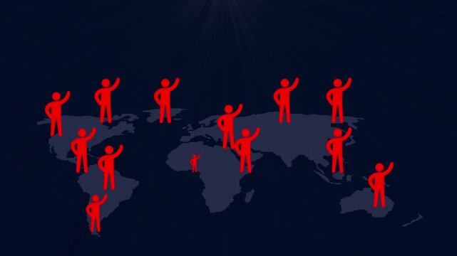 waving characters on world map, protesting people around the world, blue motion background world map icon or World Population day concept .large group of people form to create shape world