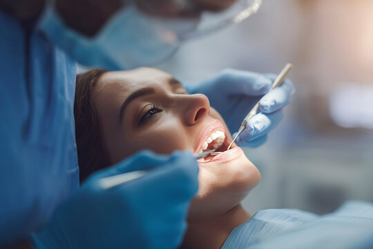 Young woman receiving professional dental care during a routine checkup in a modern clinic with close-up focus