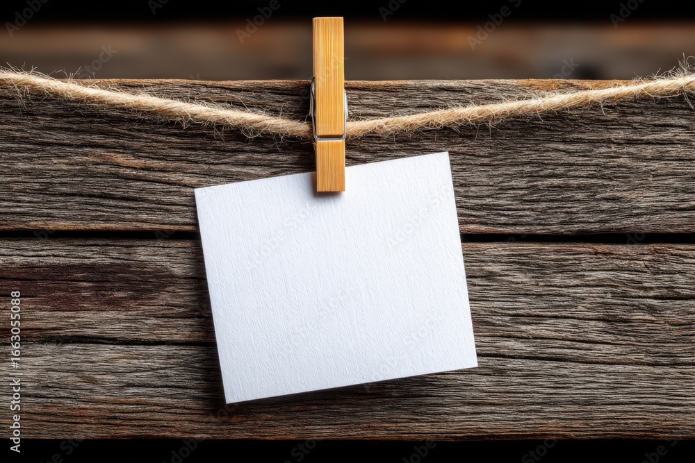 Poster blank white paper held by a wooden clothespin on rustic twine against a textured wooden background c