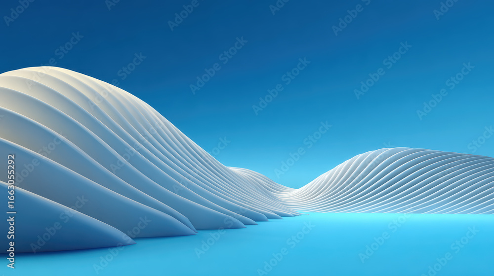 Poster Abstract 3D Rendering of White Wavy Structures on Blue Background, Modern Architecture Concept, Minimalist Design, Futuristic Landscape, Smooth Curves and Lines, Clean and Serene Visual, Ideal for