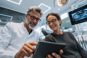 Smiling dentist explaining dental x-ray results to female patient using tablet in modern clinic