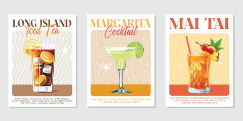 Set of 3 Cocktails retro poster. Long Island iced tea, Mai Tai, Margarita. Collection of popular alcohol drinks. Vintage style vector illustrations, bar, pub, restaurant, kitchen wall art